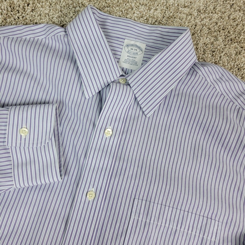 Brooks Brothers Regent Mens 16-34 Purple Blue‎ Striped Button Down Long Sleeve